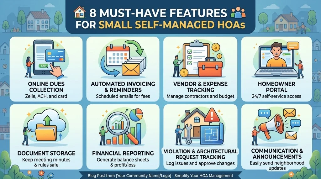Infographic: eight must-have features for Washington self-managed HOAs, online dues, reserve study integration, vendor tracking with 1099, homeowner portal, document storage, resale certificates, violations and hearings, and weather alerts