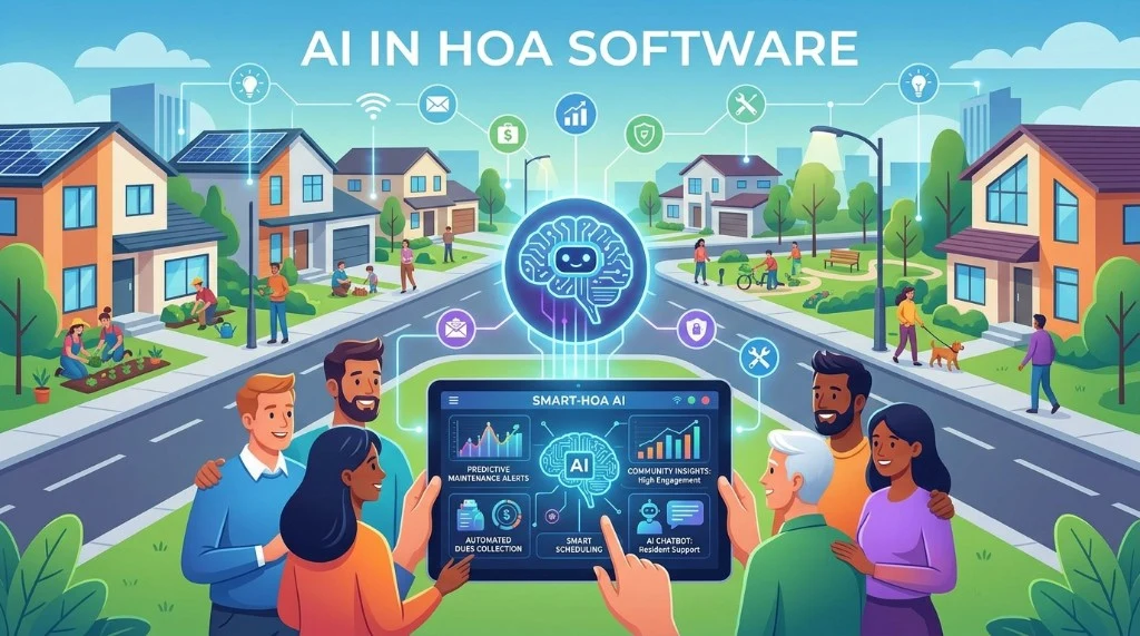 Illustration: AI in Washington HOA software, a tablet dashboard showing reserve forecasting, automated dues, WUCIOA-ready notices, resident chatbot, and reconciliation