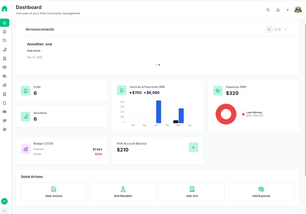 NeibrPay dashboard showing community overview with units, invoices, expenses, and quick actions